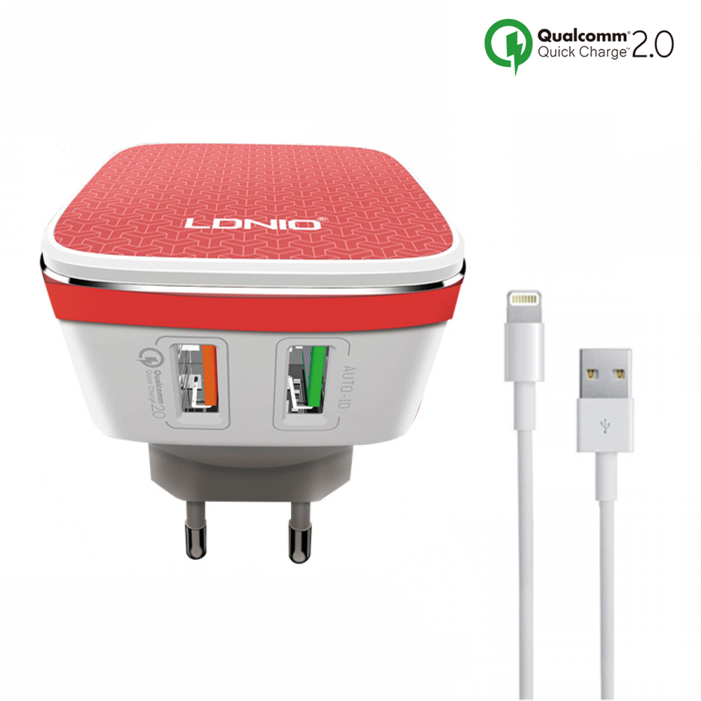 LDNIO A2405Q,Network charger Quick Charge 2.0,2 USB Ports,Lightning(iPhone 5/6/7) cable,White -14468